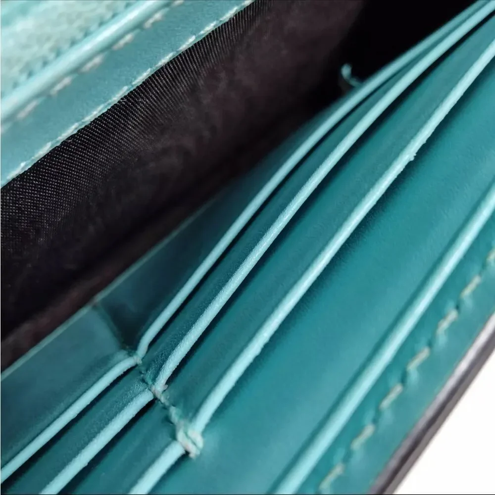 Auth Gucci Turquoise Blue GG Monogram MicroGuccisima Continental Wallet Bow - Picture 7 of 9